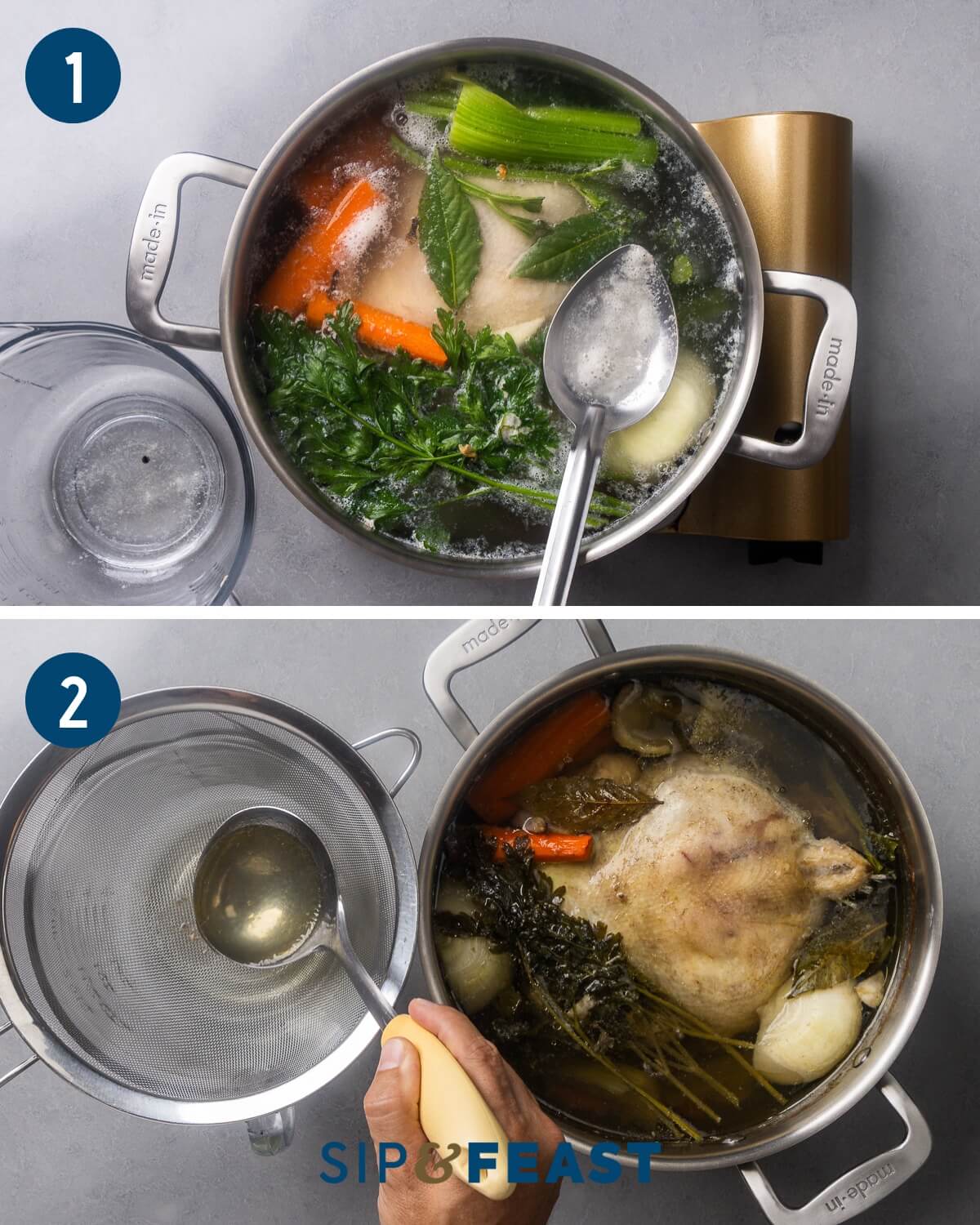Recipe process collage group one showing skimming the broth, and ladling the broth through a mesh strainer.