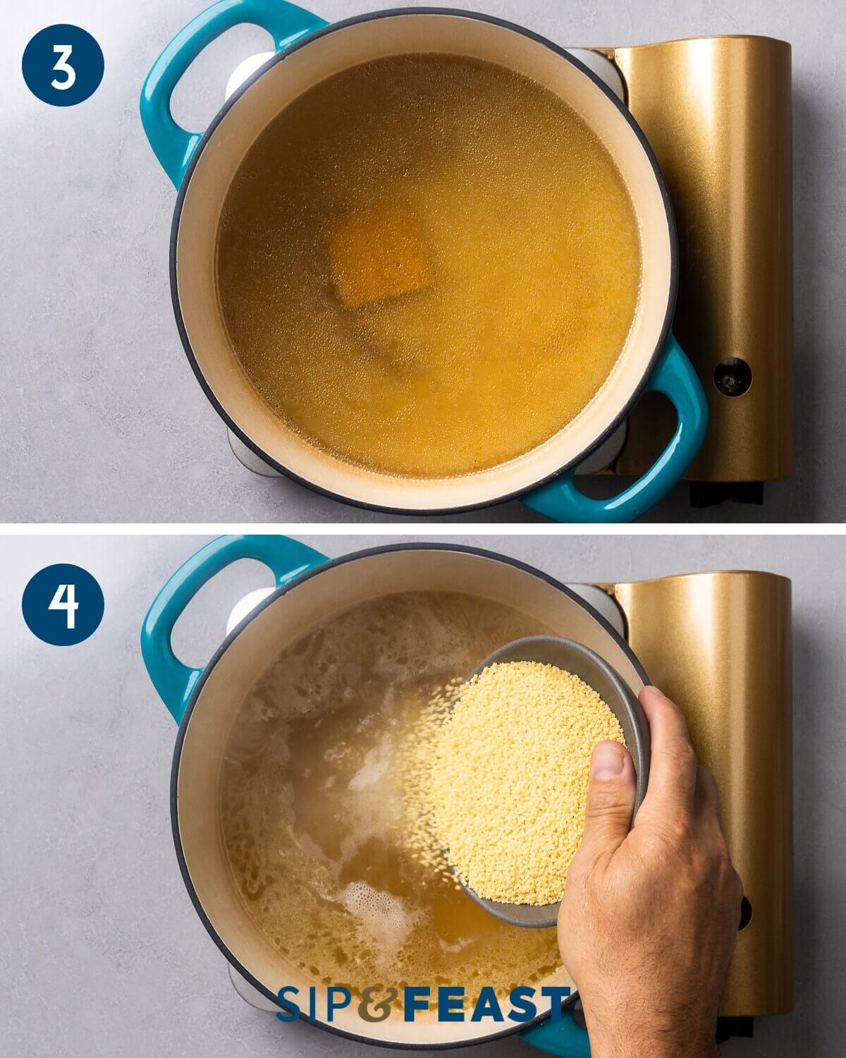 Recipe collage two showing bringing a portion of broth and parmesan rind to boil and adding the pastina to the pot.