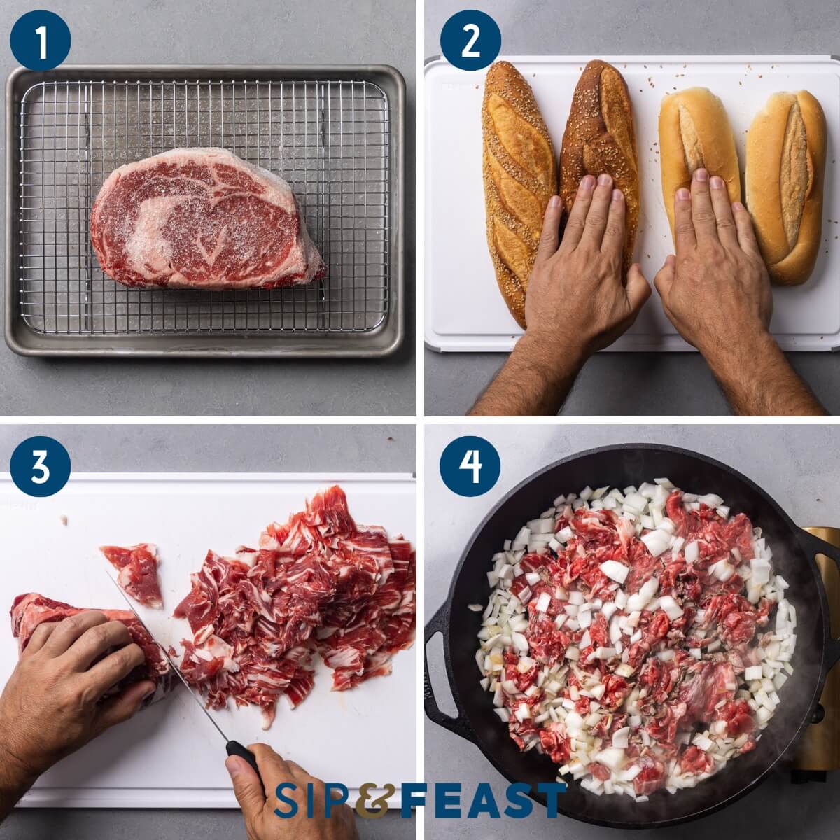 Recipe process shot collage group one showing salting the ribeye steak, pressing the rolls, slicing the beef very thin, and searing the steak and onions.