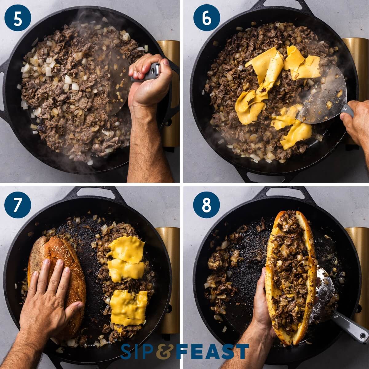 Recipe collage two showing chopping the steak with a spatula, mixing in the cheese, pressing the roll onto the steak and onions, and the finished hoagie.