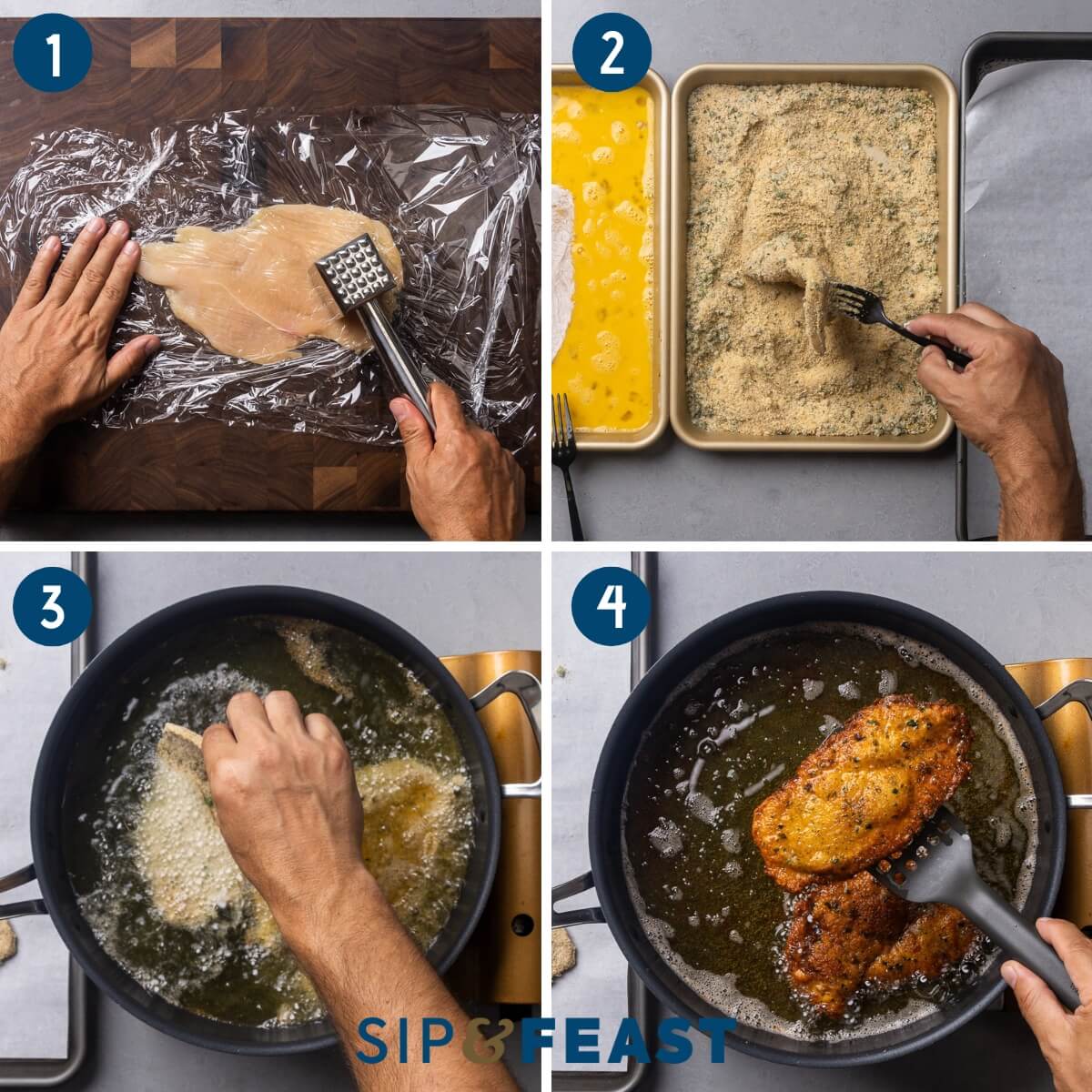 Recipe process shot collage group one showing pounding chicken, breading chicken, and frying chicken cutlets.