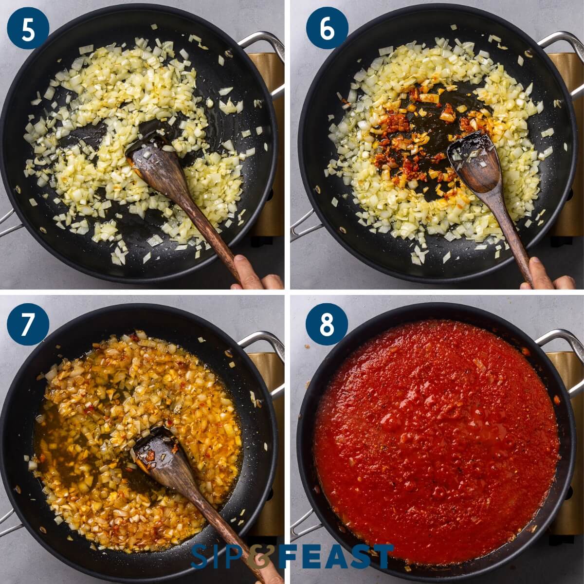 Recipe collage three showing sauteing onion, adding the Calabrian chili paste, adding the wine, and simmering the sauce.