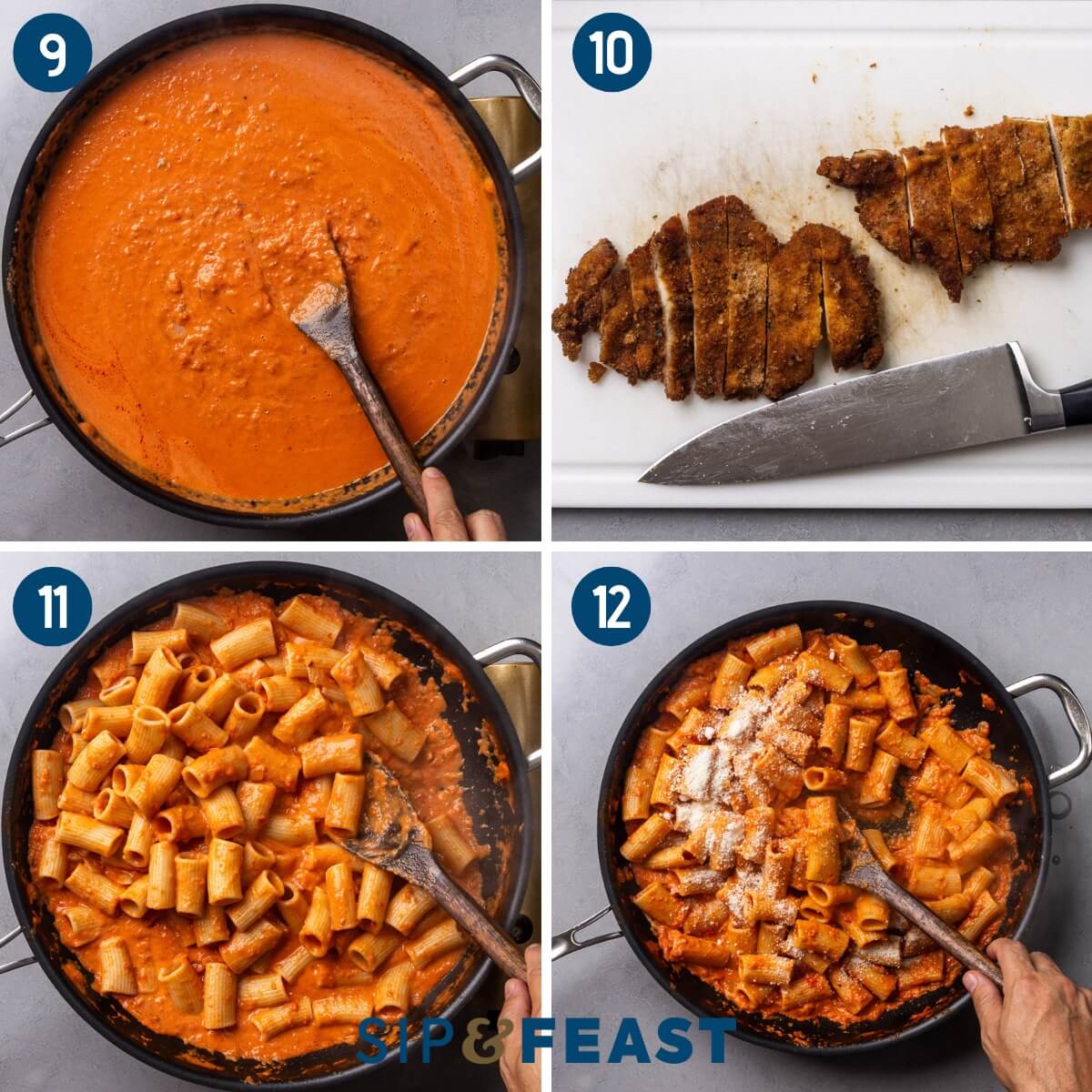 Recipe process collage three showing mixing in the cream, slicing the chicken cutlets, finishing the pasta in the sauce, and mixing in the cheese.