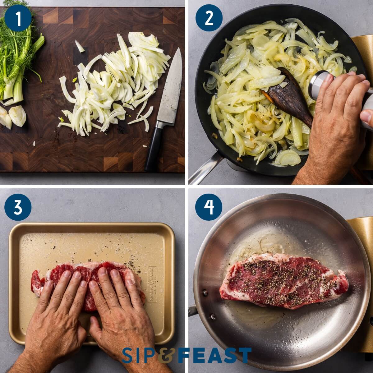Recipe process shot collage group one showing sliced fennel, seasoning the fennel and onions, pressing crushed pepper into steak, and searing the steak in hot pan.