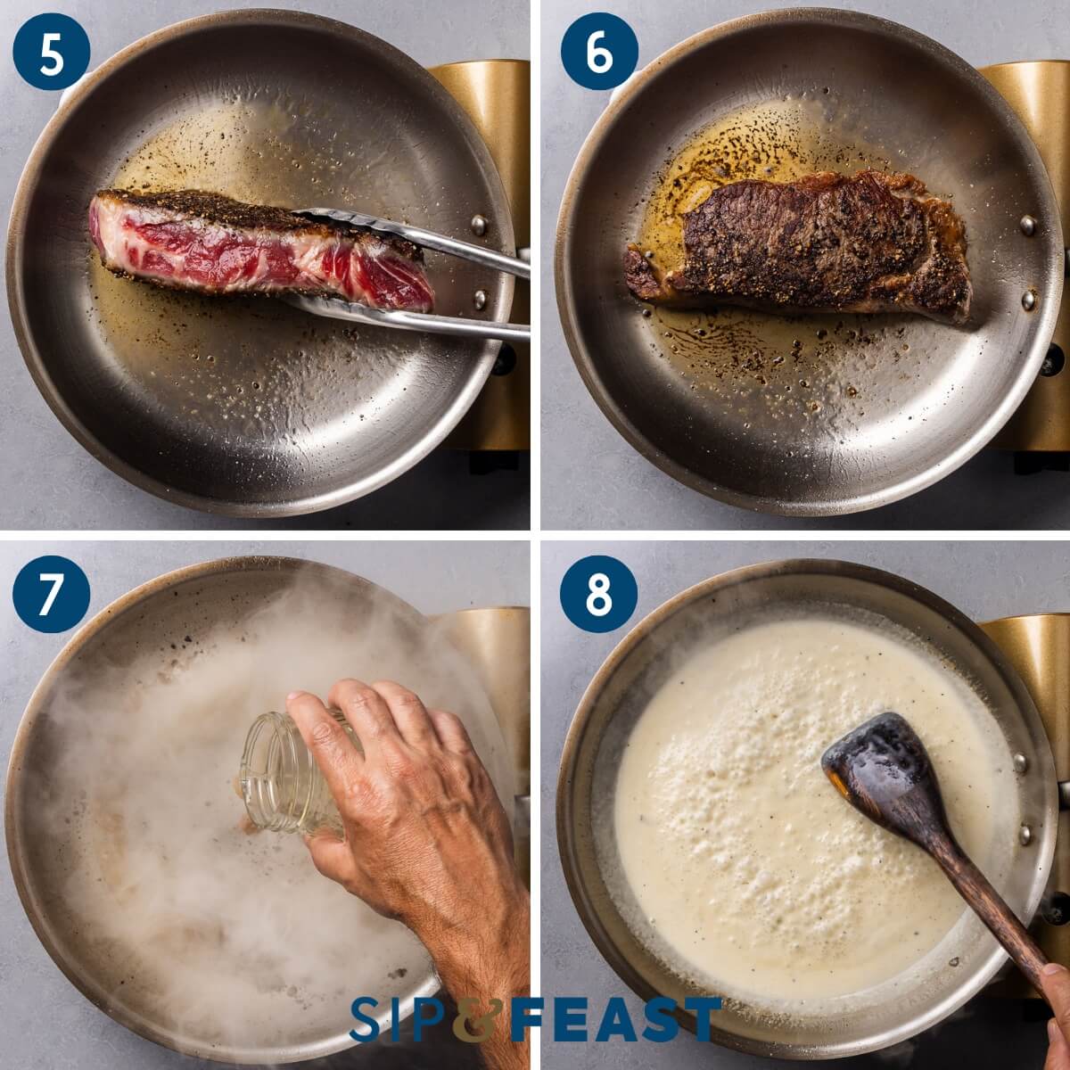Recipe collage two showing searing the sides of the steak, deglazing pan with wine, and making the gorgonzola sauce.