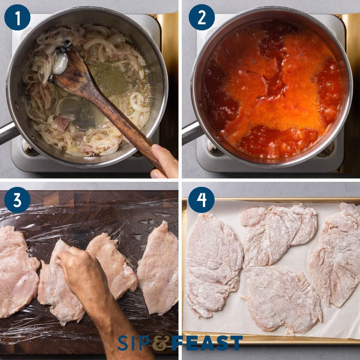 Recipe process shot collage group one showing sauteing of shallots in olive oil, bringing sauce to a boil, seasoning chicken, and flouring chicken.