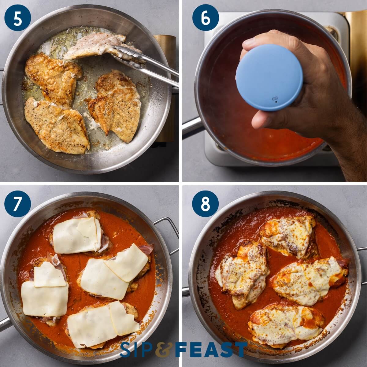 Recipe collage two showing searing chicken breasts, pureeing the sauce, placing chicken into pan with prosciutto and cheese, and broiling until the cheese is bubbly.