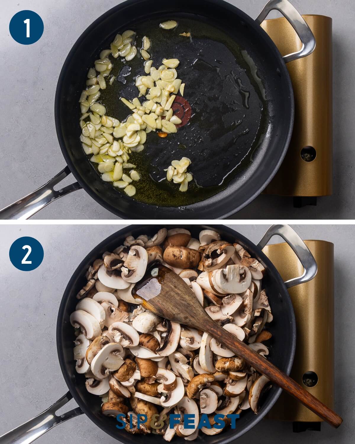 Recipe process shot collage group one showing sauteing of garlic and adding mushrooms to the pan.