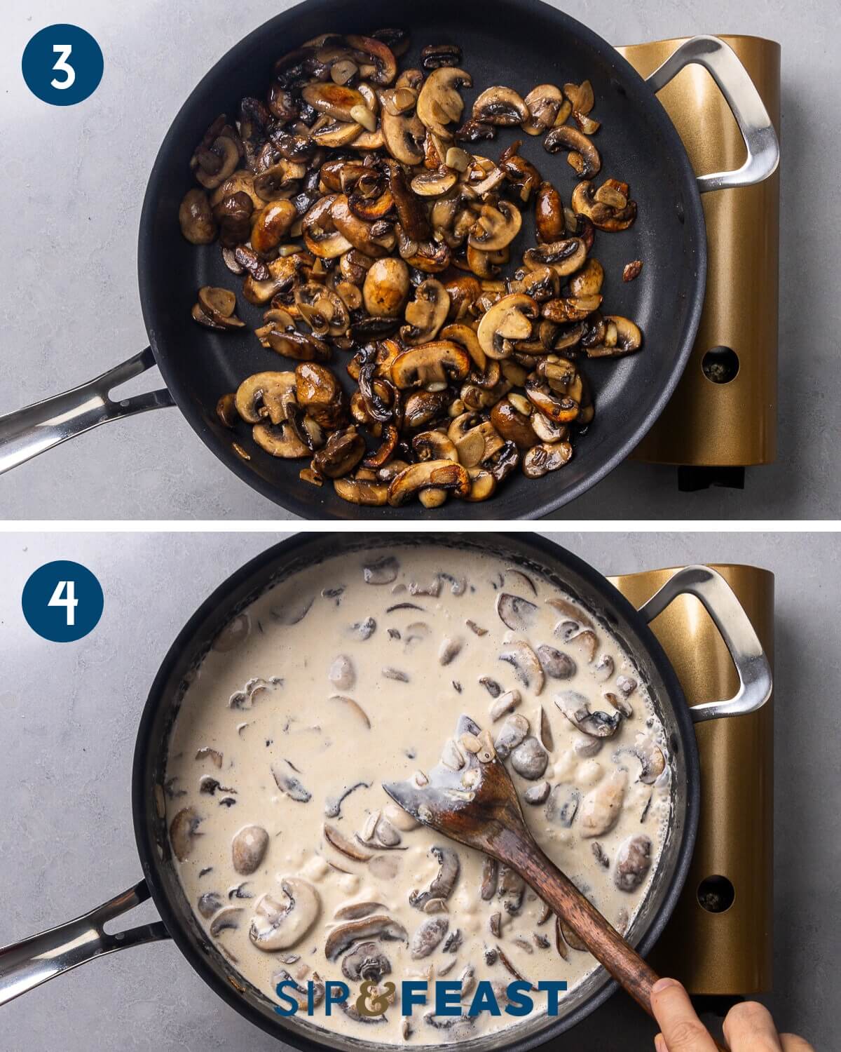 Recipe collage two showing browning the mushrooms and adding the cream and cheese to the pan.