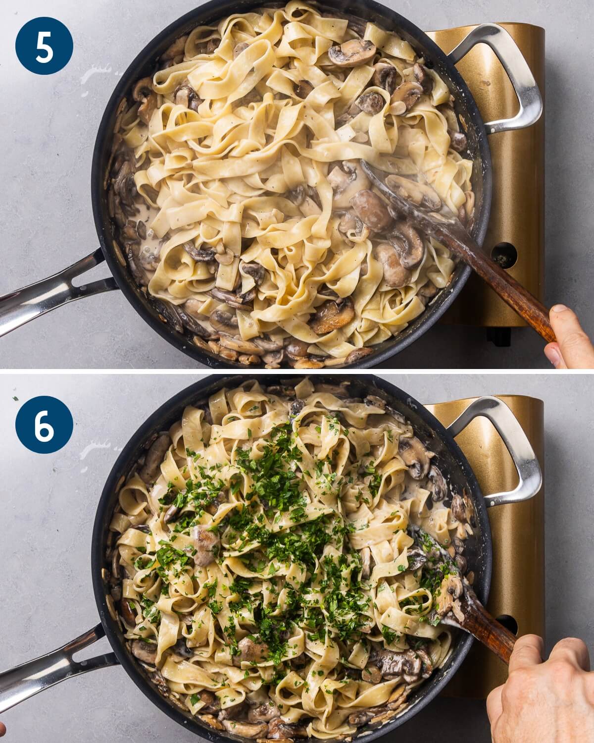 Recipe collage three showing adding the pasta to the pan and mixing in the parsley.