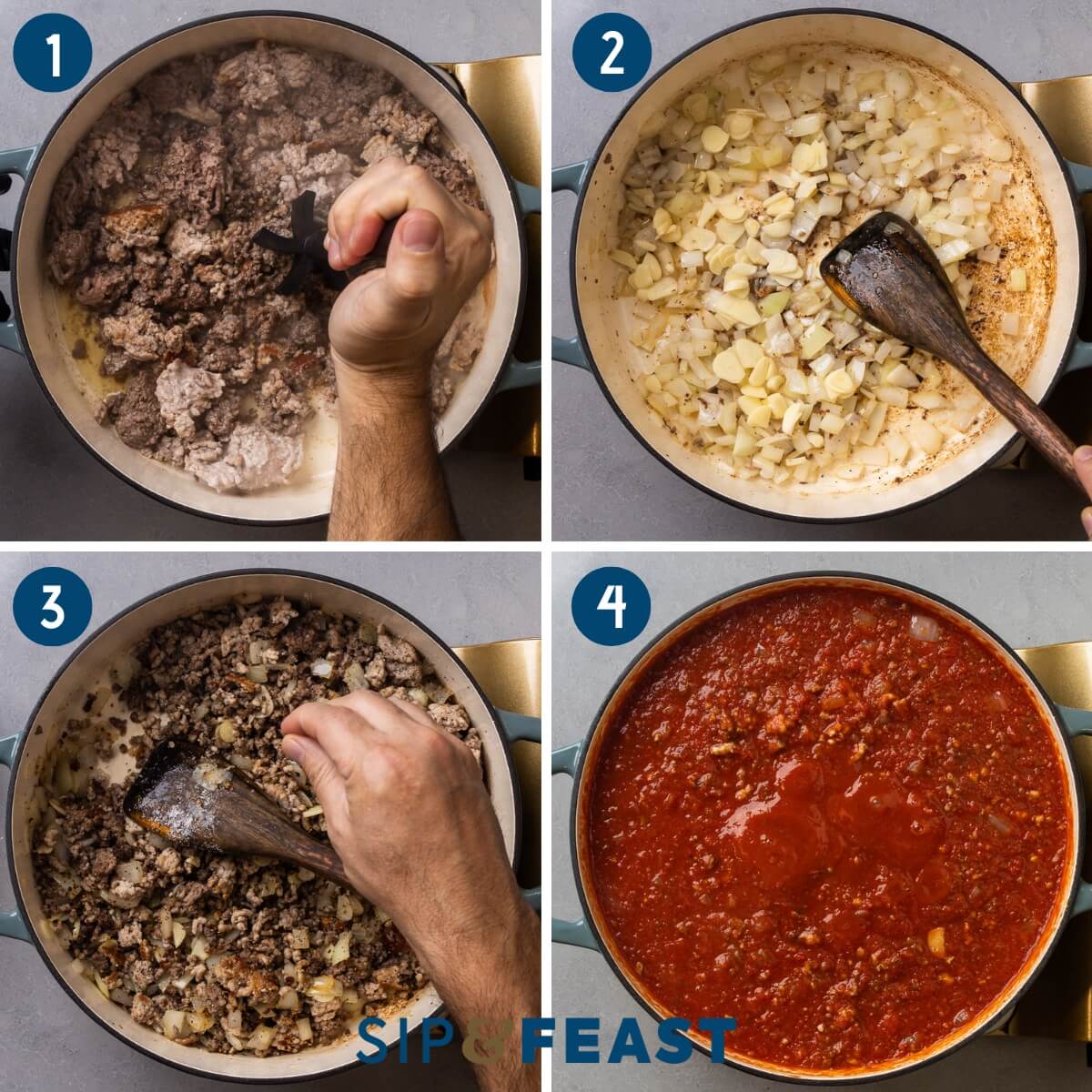 Recipe process collage group one showing browning of meat, sauteing onion and garlic, seasoning meat mixture, and simmering the sauce.