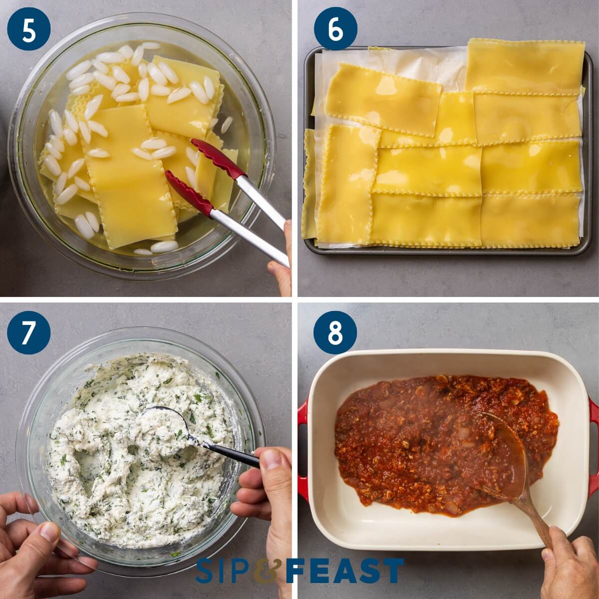 Recipe collage two showing shocking par-boiled lasagna noodles in ice water, lasagna sheets on parchment paper, mixing the ricotta mixture, and spreading a thick layer of meat sauce on bottom of baking dish.