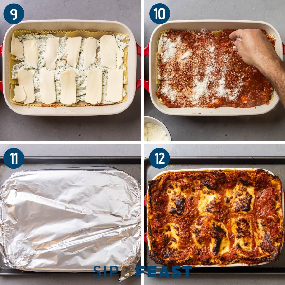 Recipe collage three showing layering of lasagna sheets with ricotta and mozzarella, sprinkling pecorino, covering baking dish, and finished baked lasagna.