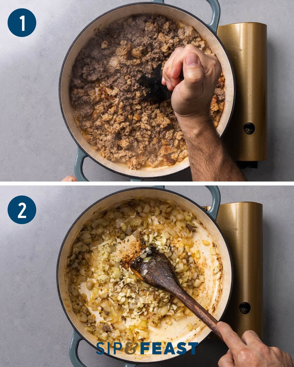 Recipe process shot collage group one showing browning of sausage and beef and sauteing onions and garlic.