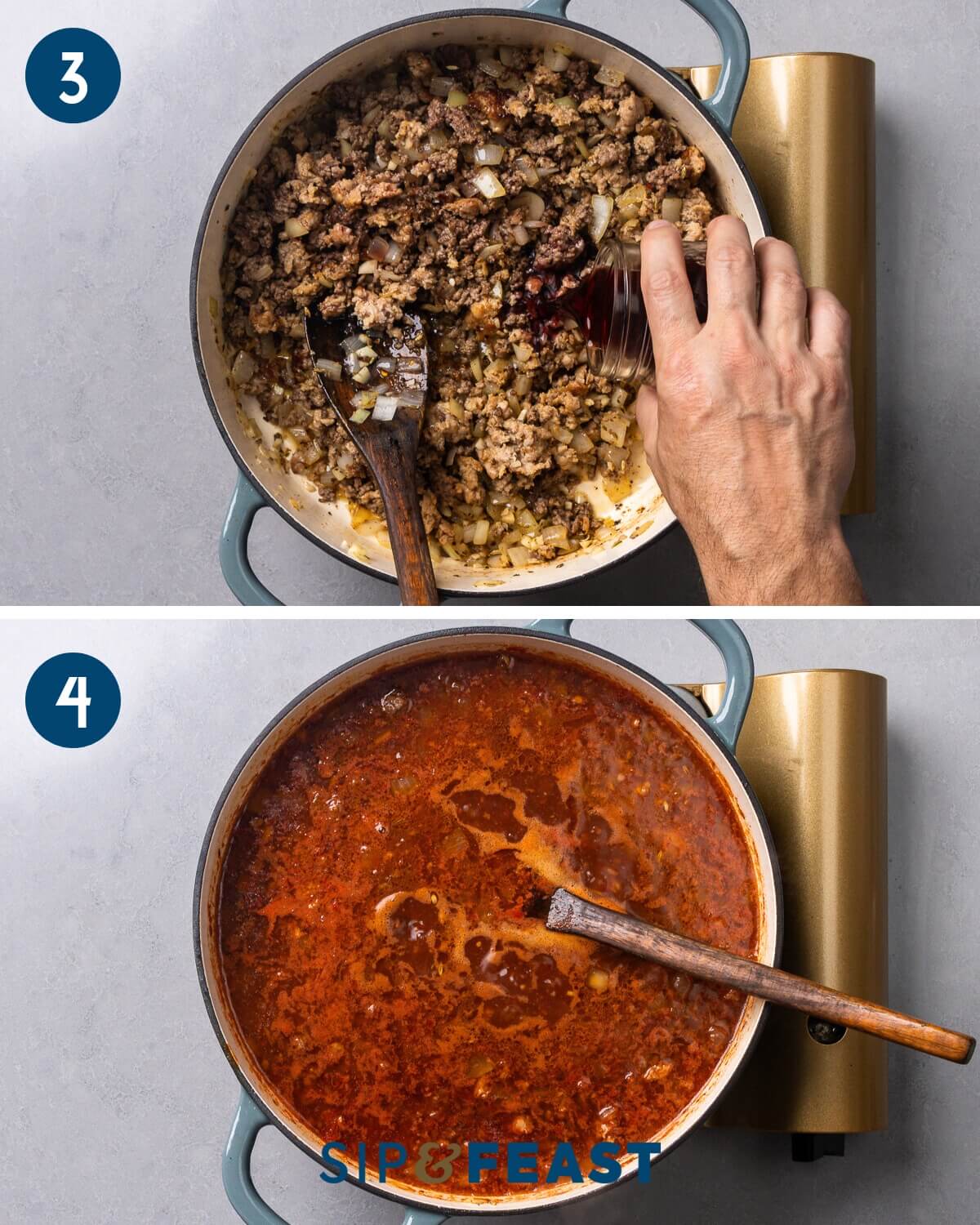 Recipe collage two showing deglazing with red wine and bringing the soup to a boil.