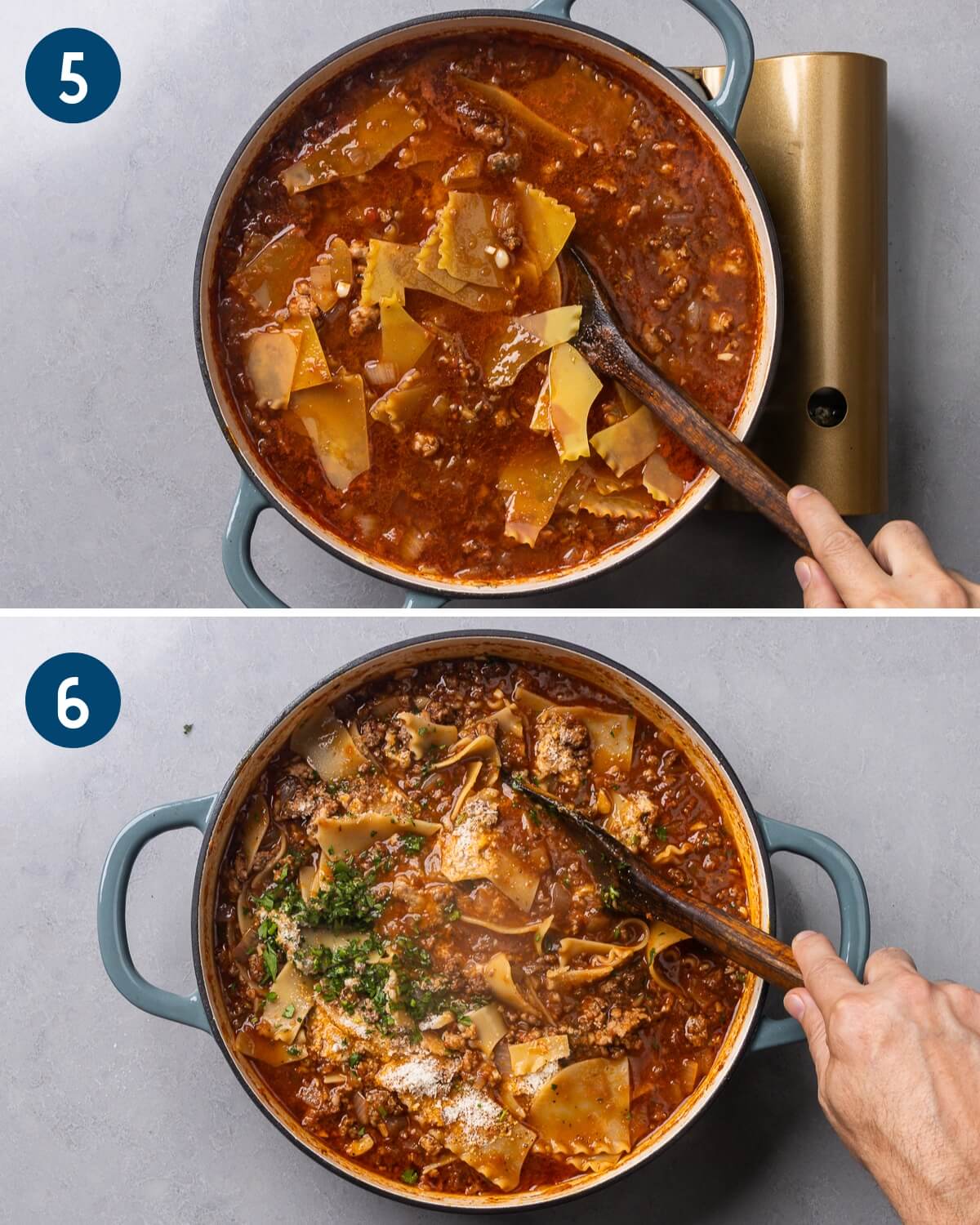 Recipe collage group three showing adding the lasagna noodles to the pot and mixing in the herbs and grated cheese.
