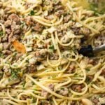 Linguine with sausage and clams Pinterest image.