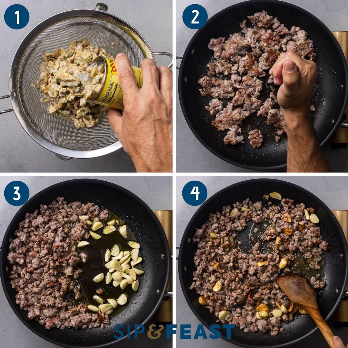 Recipe process collage group one showing pouring straining clams, searing sausage, and adding garlic to pan.