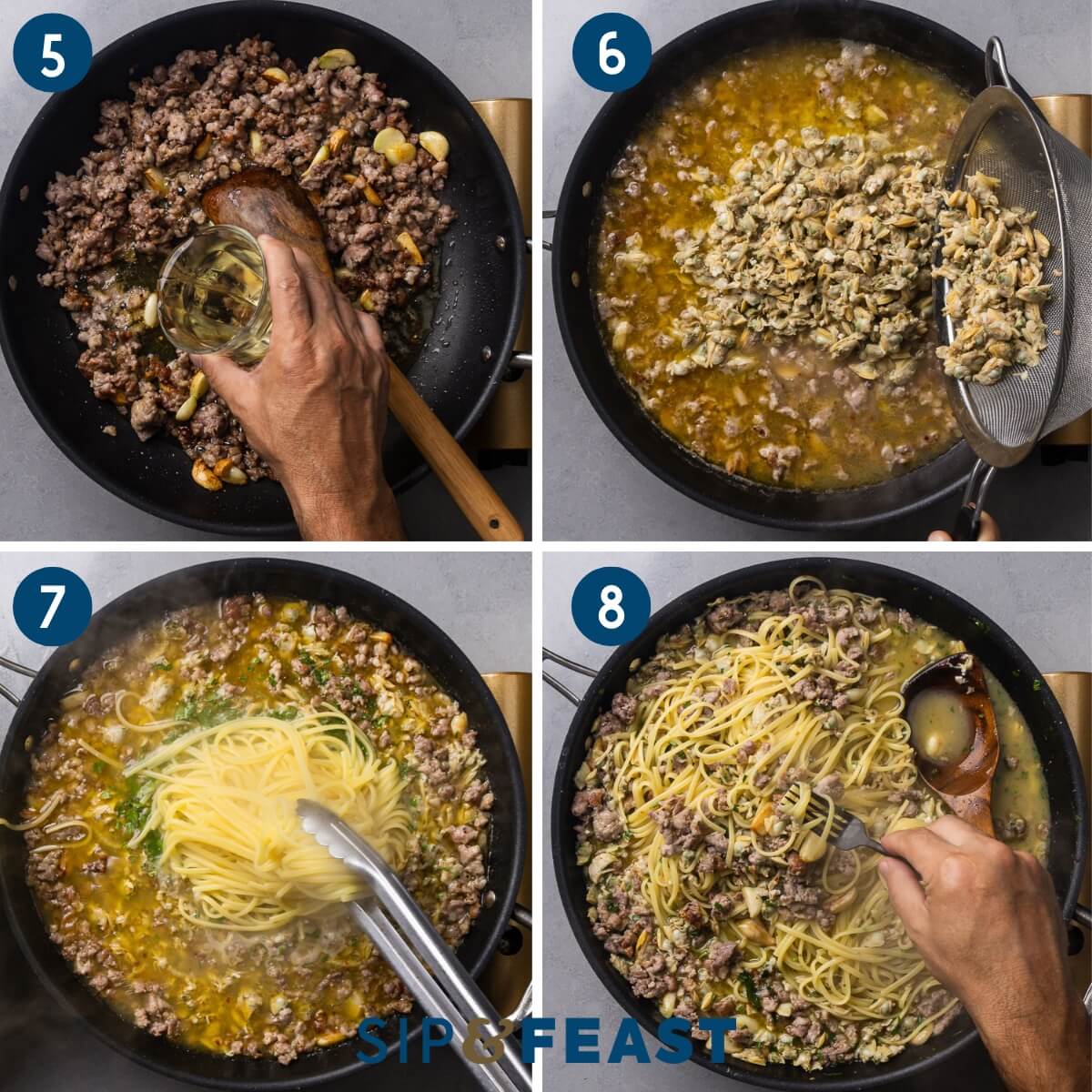 Recipe collage two showing deglazing pan with white wine, adding the clams and pasta water, adding the linguine, and taste testing for seasoning.