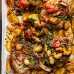 Pork chops with potatoes and peppadew peppers Pinterest image.
