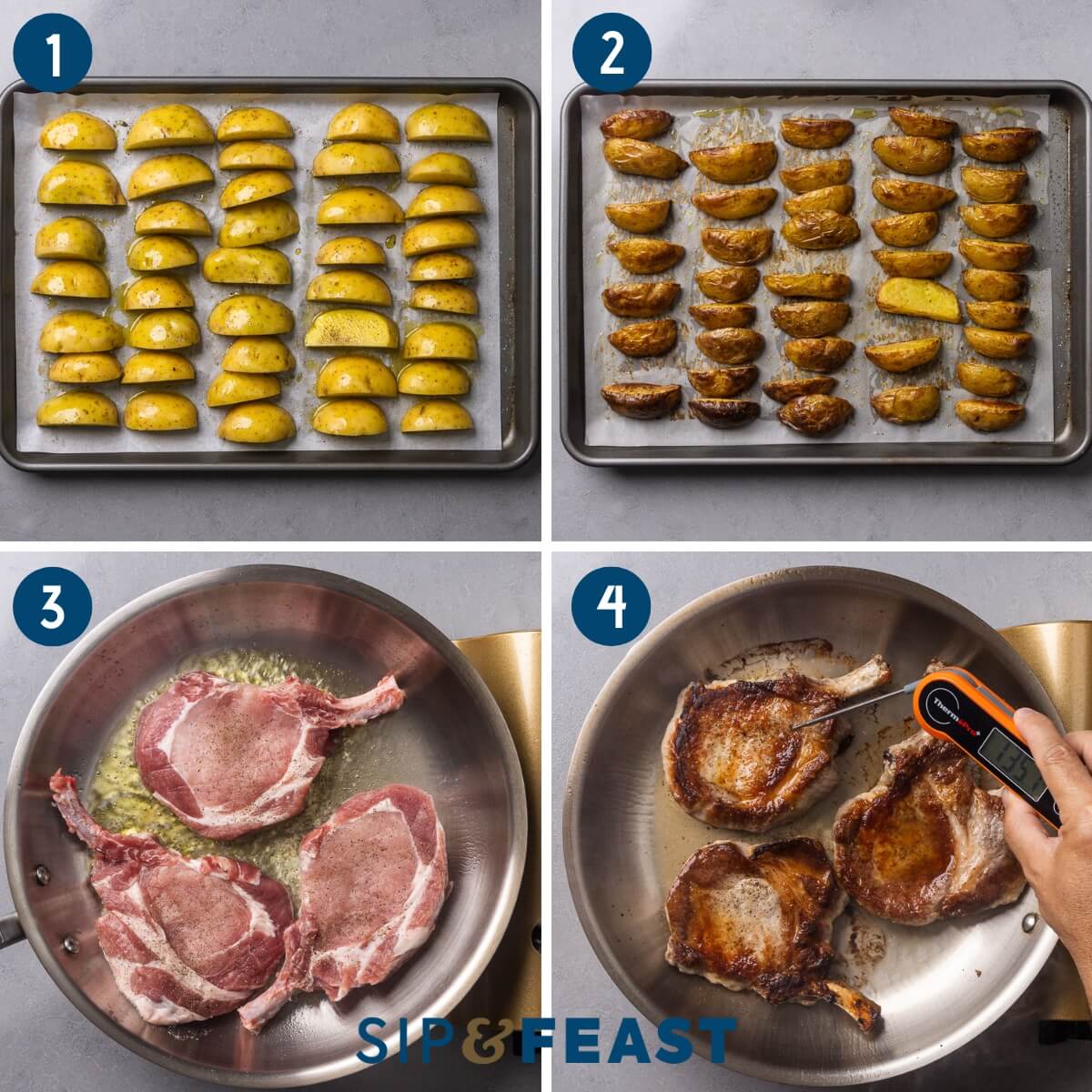 Recipe process shot collage group one showing arranging potatoes on baking sheet, the finished roasted potatoes, searing the pork chops in pan, and checking the chops for temperature.