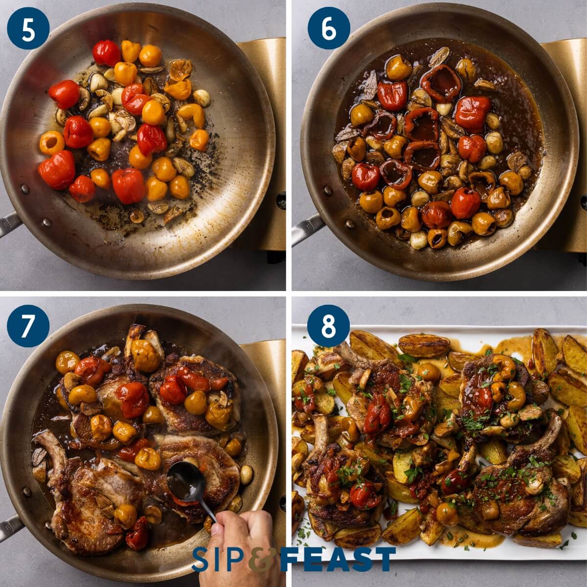 Recipe collage two showing sauteing the garlic and peppadew peppers, bringing sauce to boil, adding the pork chops back to the pan and spooning sauce, and the finished dish in a platter.