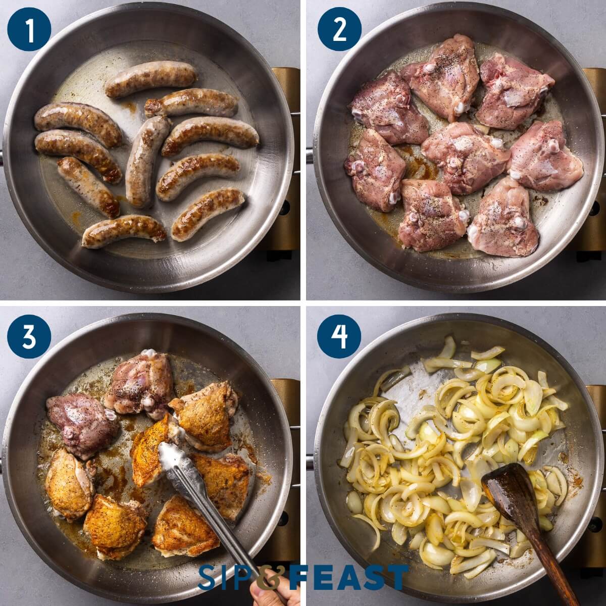 Recipe process shot collage group one showing searing of sausage, chicken, and onions.