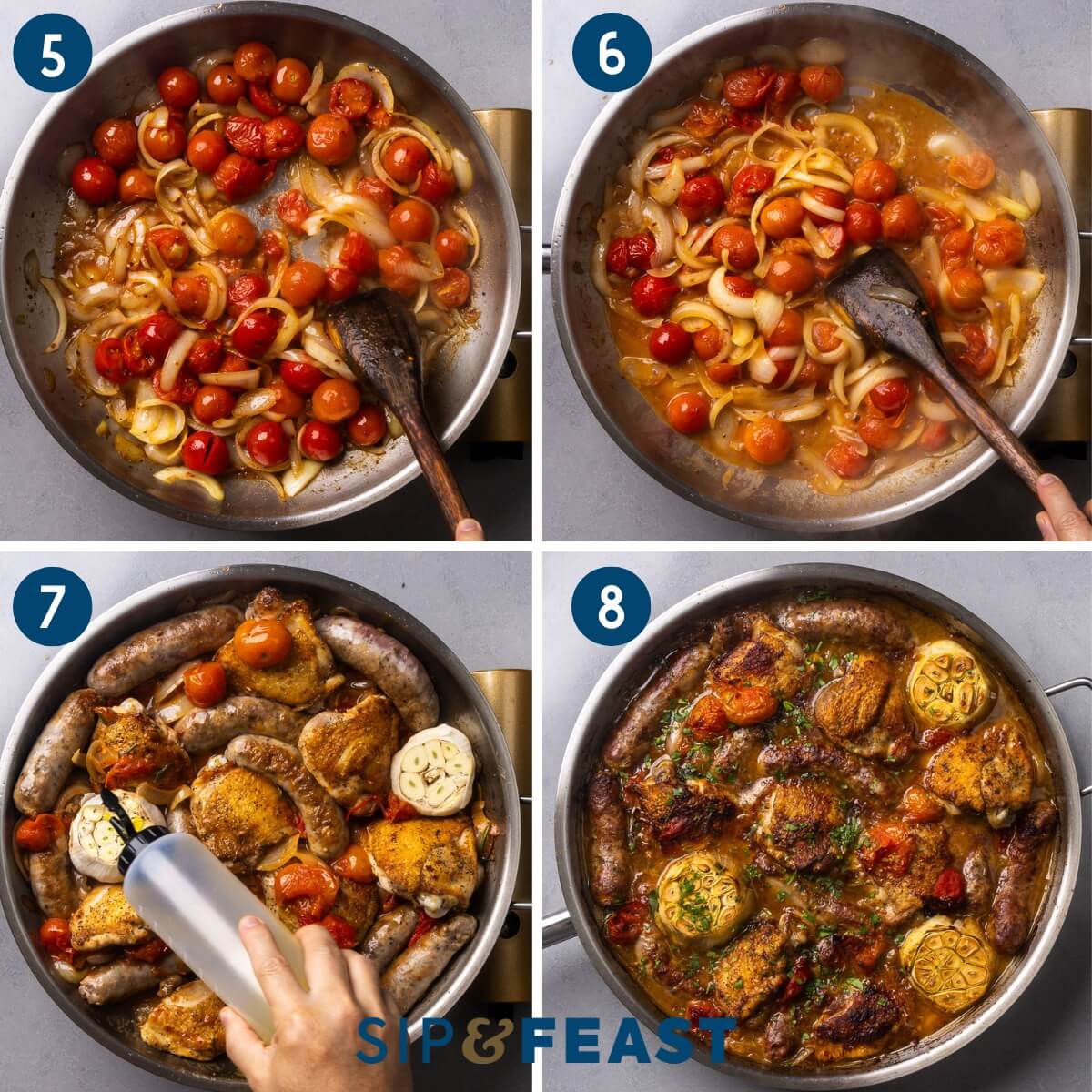 Recipe collage group two showing sauteing of cherry tomatoes, deglazing with wine, adding the chicken, sausage, and garlic to the pan, and the finished dish.