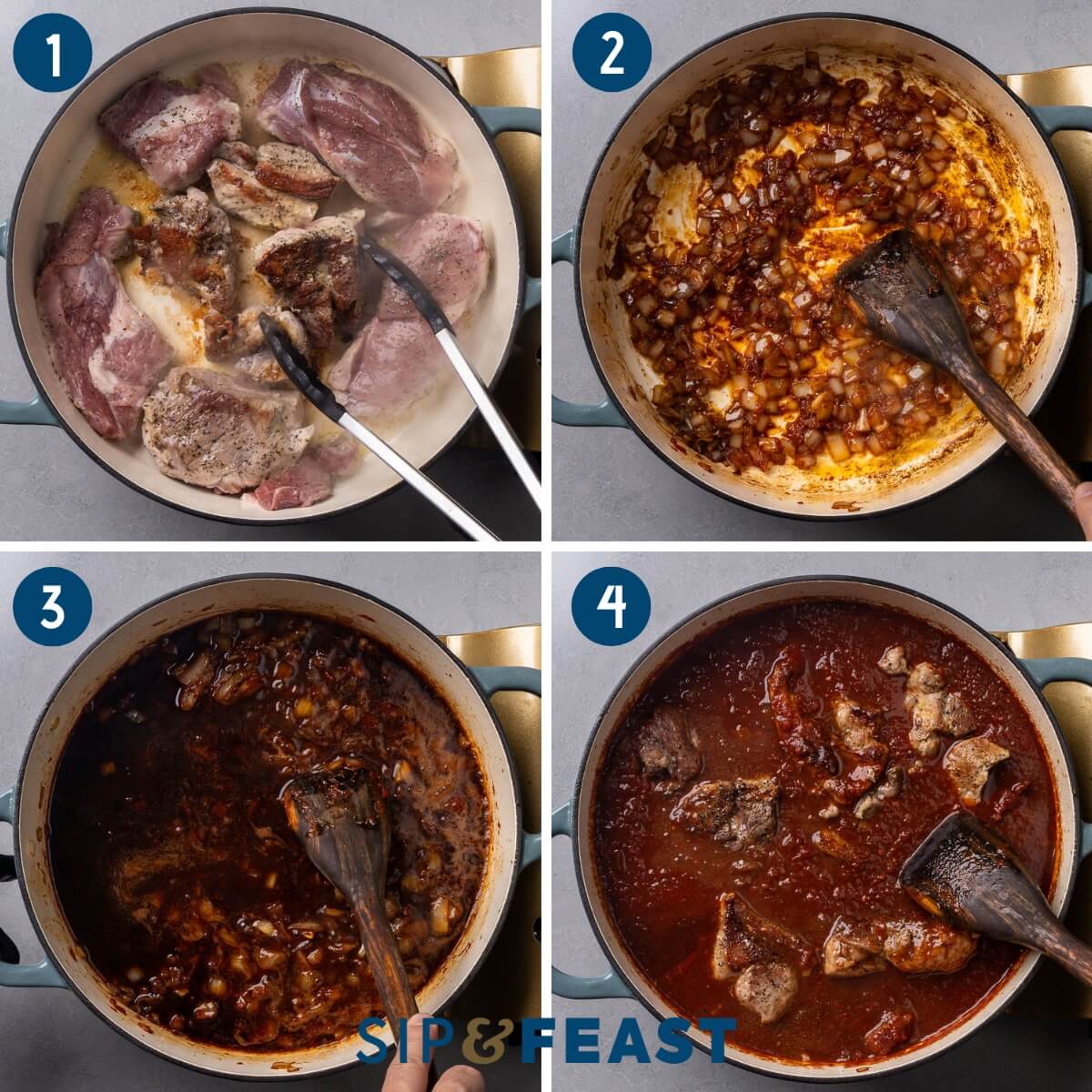 Recipe process shot collage group one showing searing of pork shoulder, sauteing onions and tomato paste, deglazing with red wine, and adding the pork to the sauce.