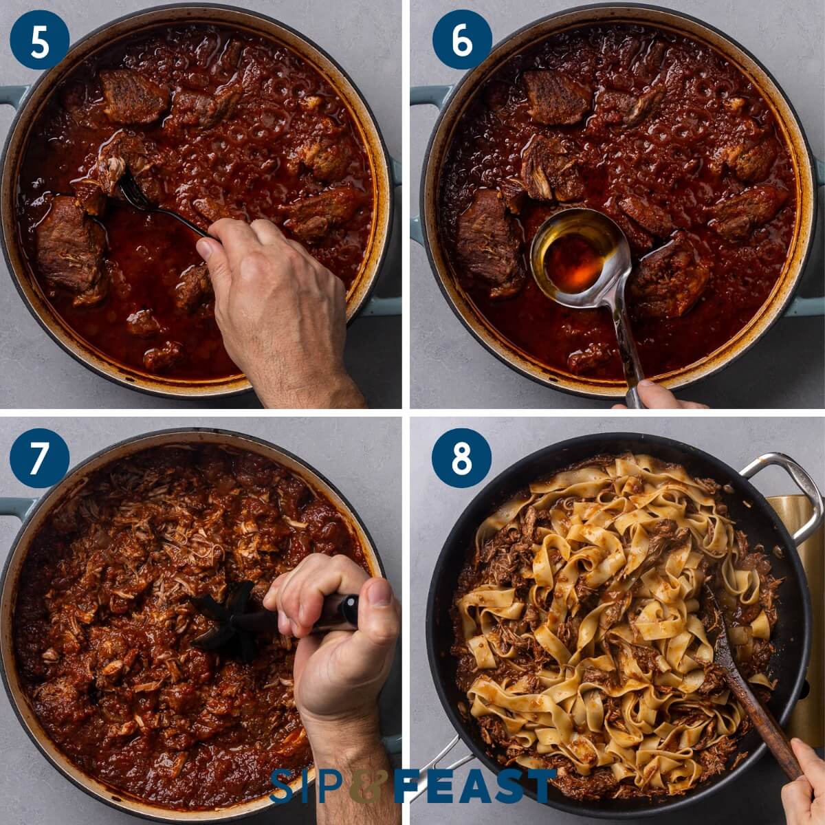 Recipe collage two showing checking pork for tenderness, degreasing the sauce, shredding the pork, and finishing the pasta with the ragu.