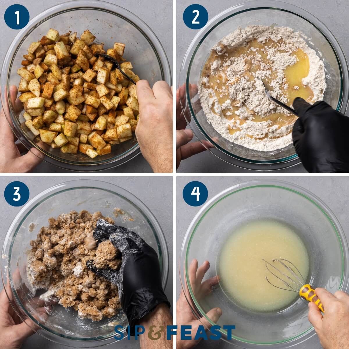 Recipe process shot collage group one showing mixing apples with cinnamon and brown sugar, adding melted butter to flour, making the crumb topping, and beating the oil and sugar.