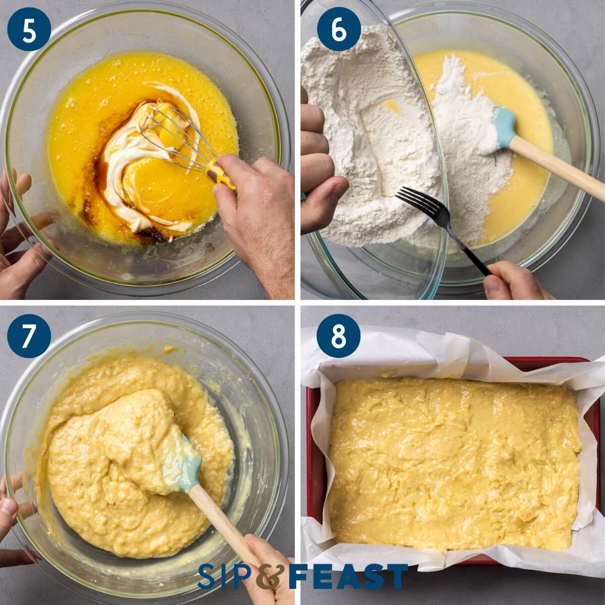 Recipe collage two showing mixing in eggs, sour cream, and vanilla to wet ingredients, adding dry ingredients to wet, mixing batter, and spreading half the batter in a prepared baking pan.