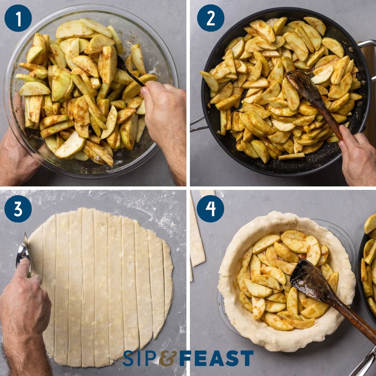 Apple pie recipe process collage group one showing mixing the apples with cinnamon, sugar, and flour, sauteing the apples in large pan, cutting strips of pie crust for the lattice, and filling the prepared pie crust with the apples.