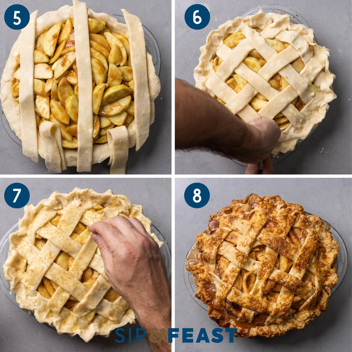 Recipe collage two showing placing the lattice on top of the filled pie, pinching the sides of the pie, sprinkling turninado sugar on top of the pie, and the baked apple pie.
