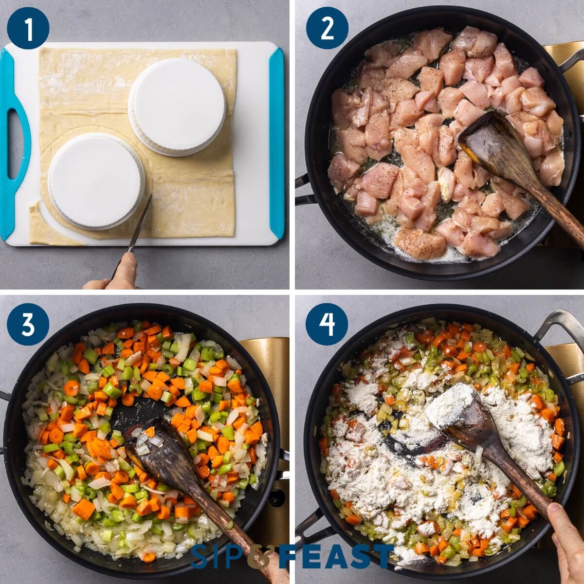 Recipe process collage group one showing cutting puff pastry around ramekin dish, sauteing chicken in butter, sauteing vegetables, and adding flour to the pan.