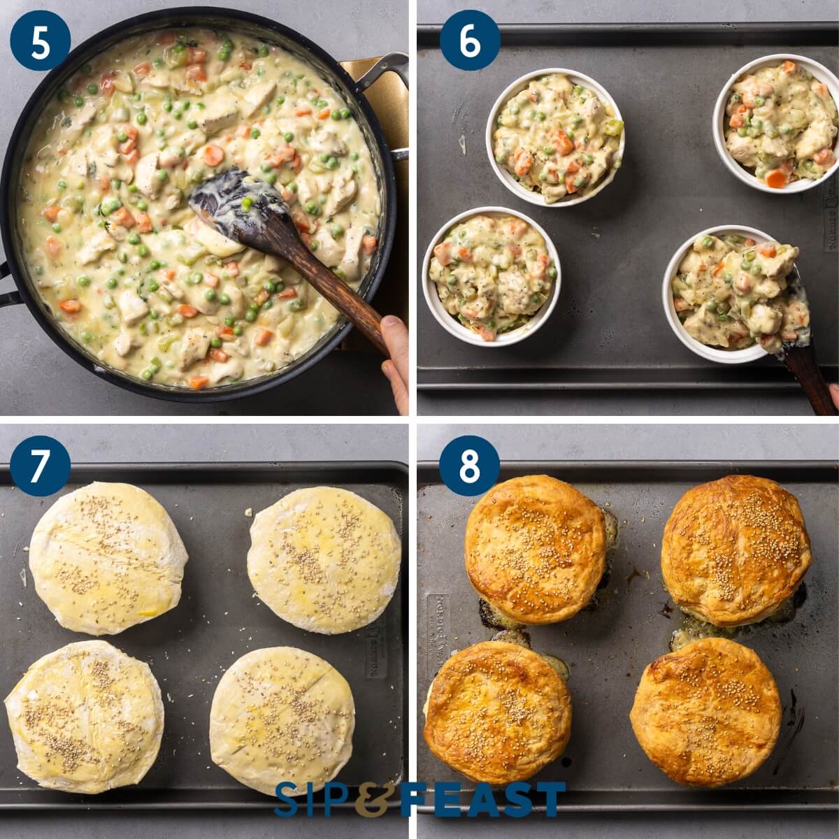 Recipe collage two showing simmering the filling, adding the filling to individual ramekins, topping with puff pastry, and finished baked chicken pot pies.