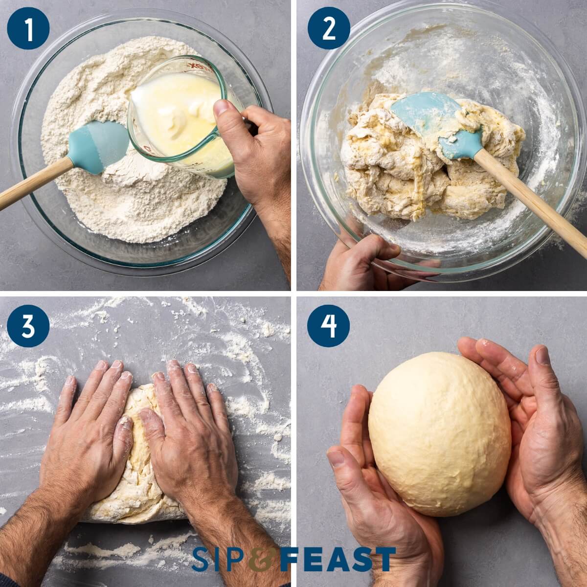 Recipe process shot collage group one showing pouring milk and butter into flour, mixing dough with spatula, kneading dough, and forming a smooth dough ball.