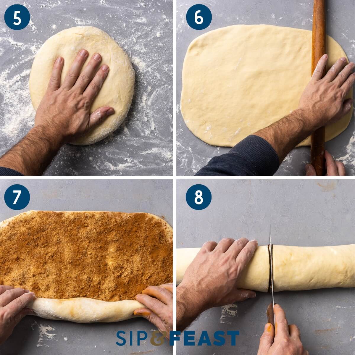 Recipe collage two showing punching down the dough, rolling the dough, sprinkling the brown sugar and cinnamon and rolling into cylinder, and cutting the cylinder into rolls.