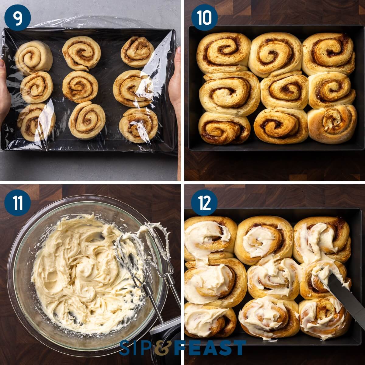 Recipe collage three showing placing rolls into baking dish and covering for proofing, the baked cinnamon rolls, making the frosting, and spreading the frosting onto the rolls.