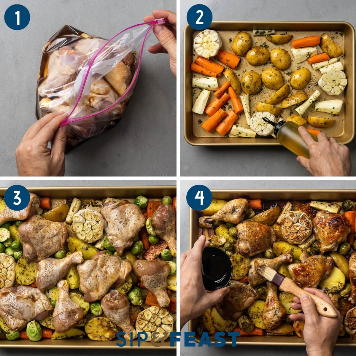Recipe process collage showing marinating the chicken, spreading the vegetables out onto a large baking pan, adding the marinated chicken and brussels sprouts, and glazing the chicken with maple syrup.