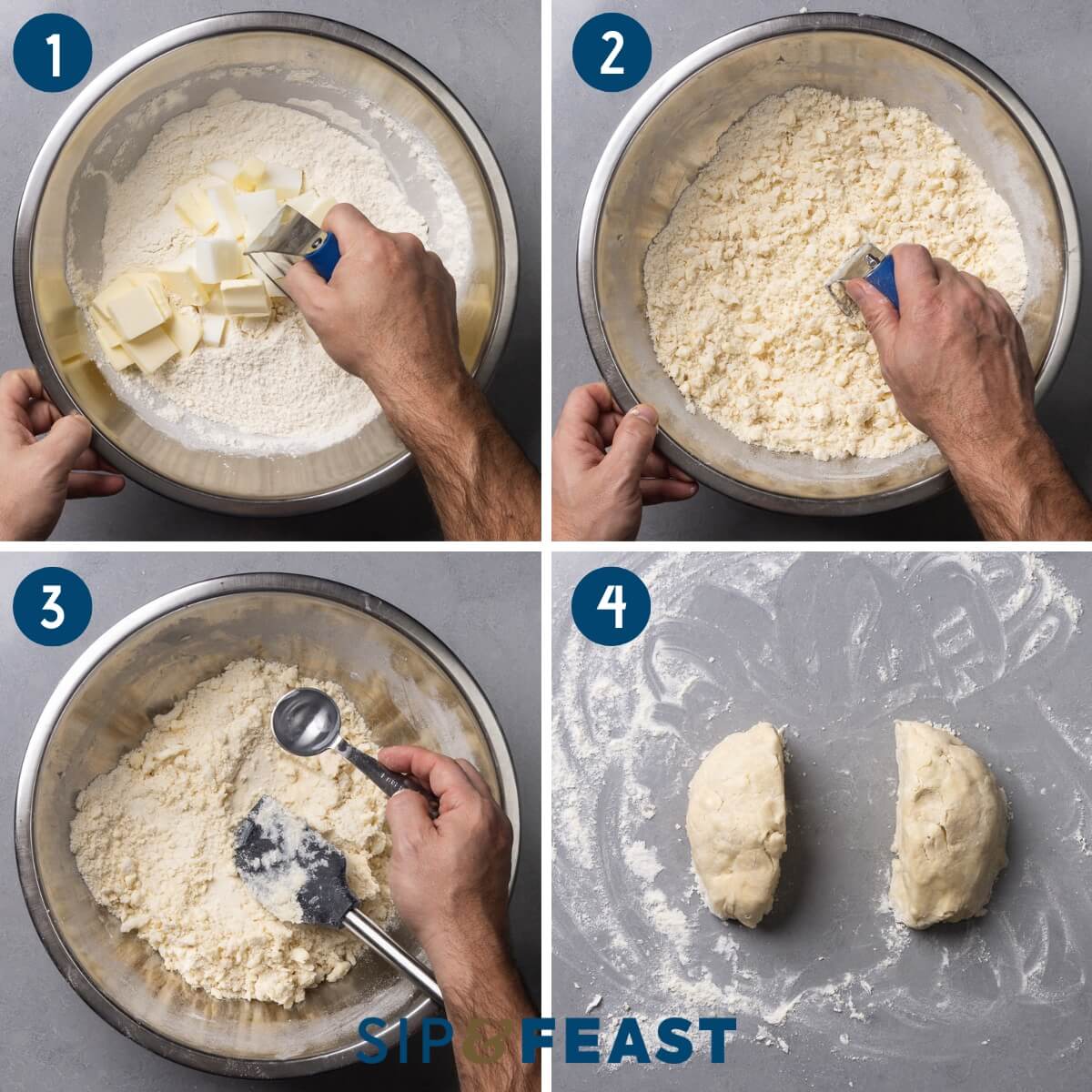 Pie crust recipe collage group one showing cutting the butter and lard into the flour, adding ice water to the dough, and dividing the dough into two equal sections.
