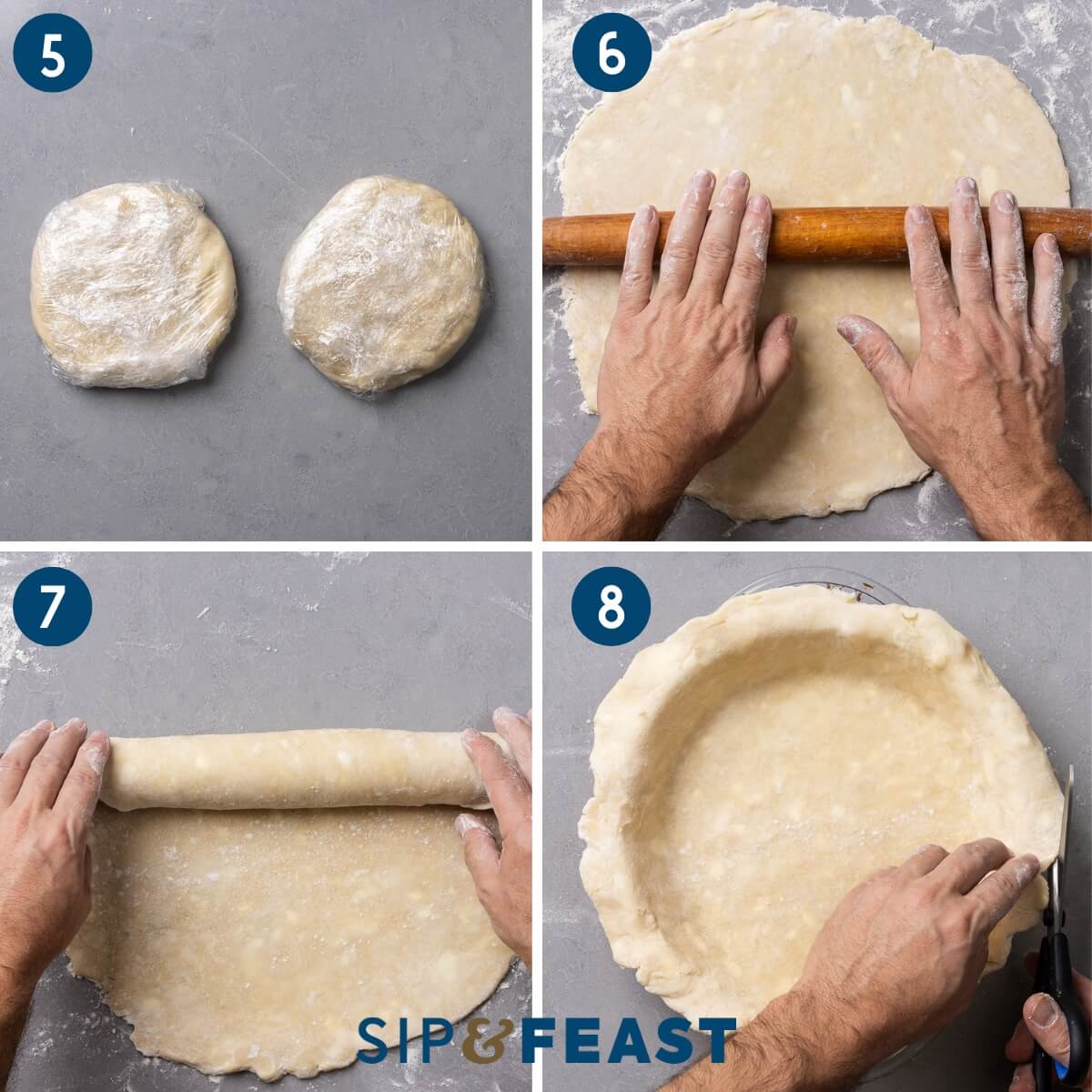 Recipe collage two showing wrapping the discs of dough, rolling out the dough, wrapping the dough around the rolling pin, and placing the rolled dough into the pie dish.