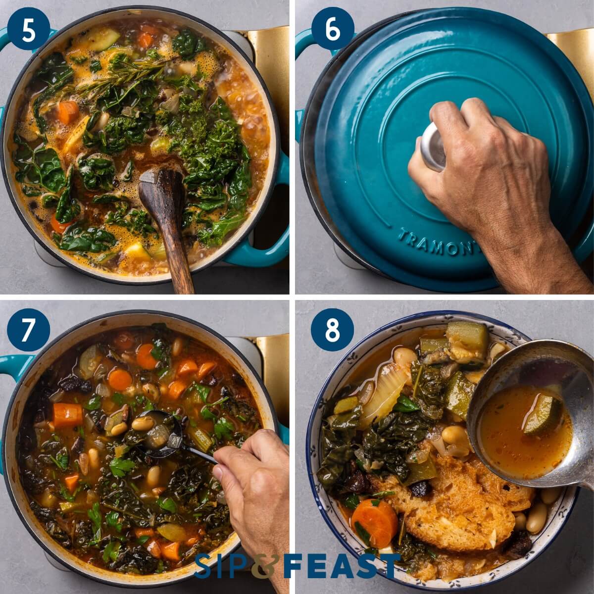 Recipe collagr two showing simmering the soup with the kale, covering the pot leaving the lid cracked, taste testing, and pouring the soup over crusty bread in a bowl.