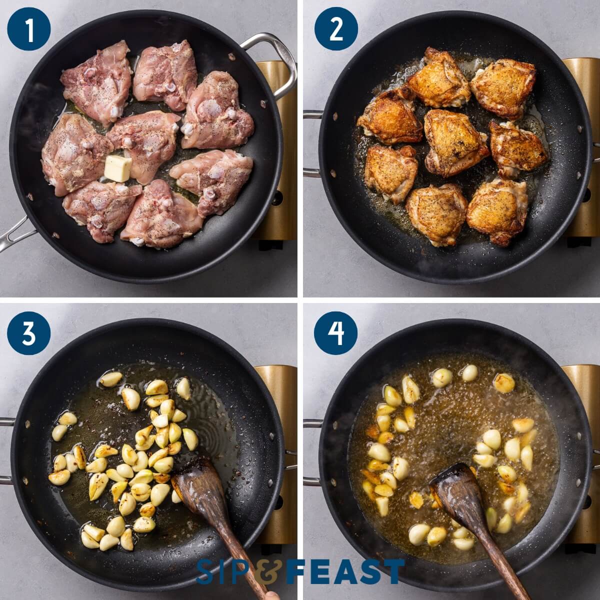Recipe process collage group one showing adding chicken thighs to pan with butter, browned chicken thighs, sauteing garlic in pan, and making the sauce.