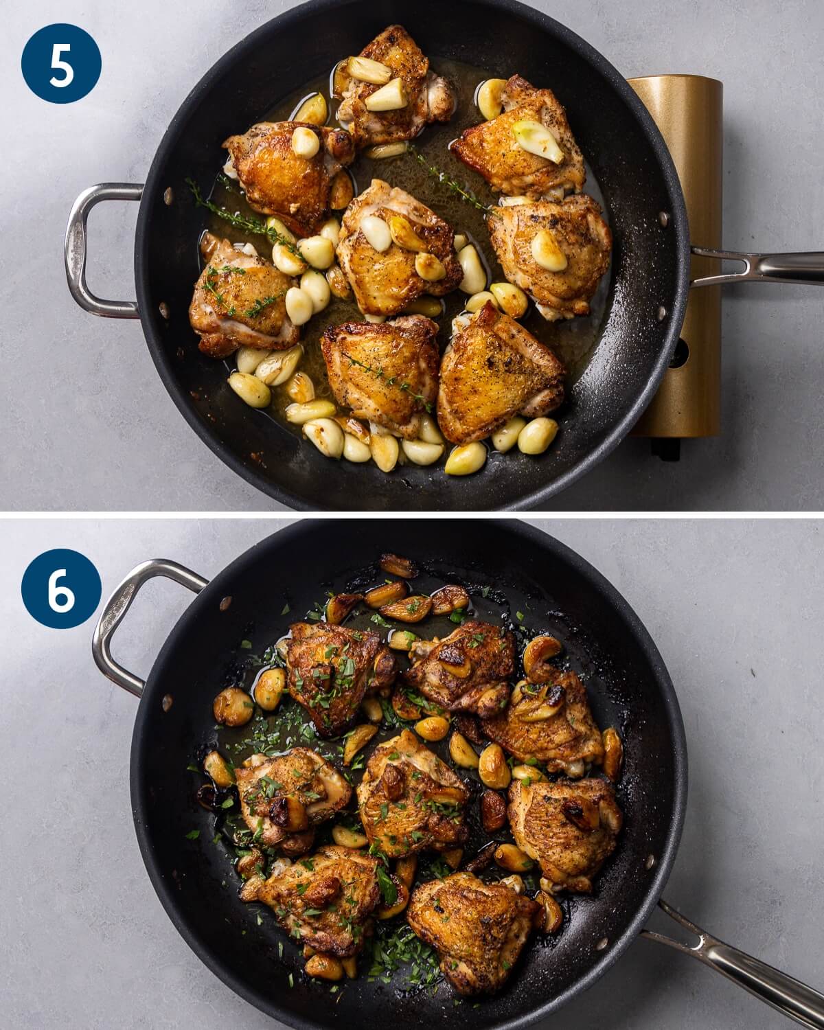 Recipe collage two showing returning browned chicken to the pan and the finished dish with sprinkled tarragon.