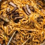 Bourbon steak and mushroom pasta Pinterest image.