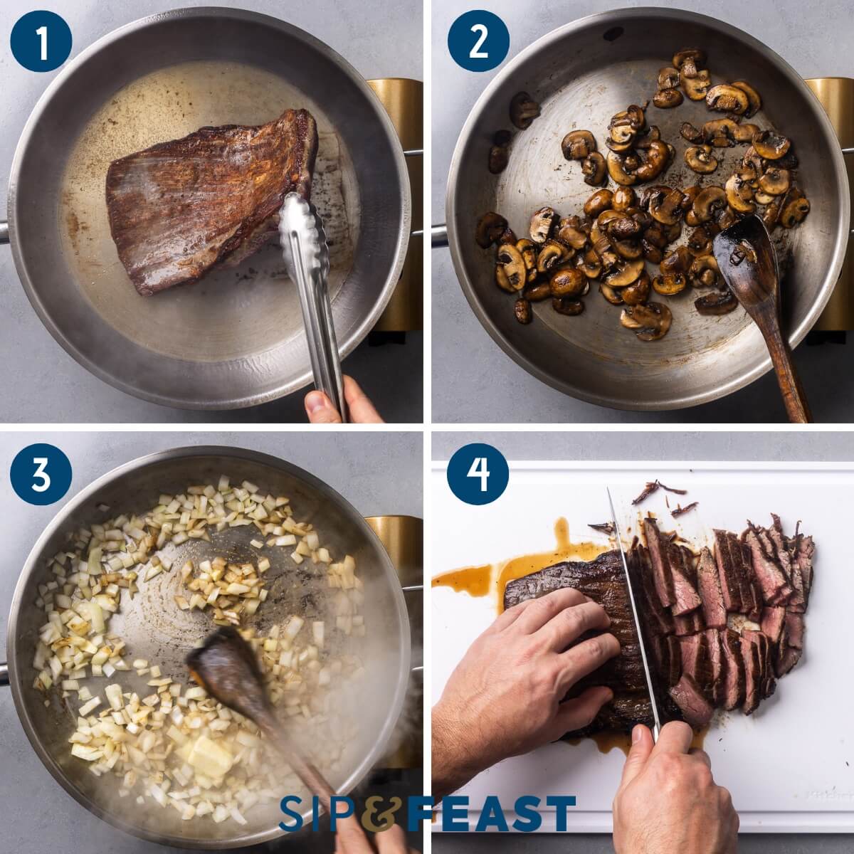 Recipe process shot collage group one showing searing of flank steak, sauteing mushrooms, sauteing onions, and slicing the steak.