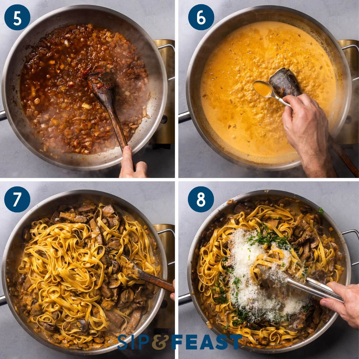 Recipe collage two showing bringing the bourbon to boil, simmering the sauce, mixing in the pasta and mushrooms, and mixing in the parmesan and parsley.