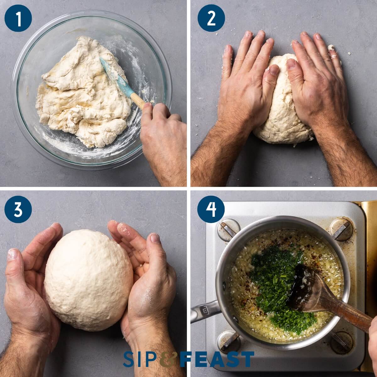 Recipe process shot collage group one showing mixing dough in bowl, kneading, forming a smooth round ball, and making the garlic butter.