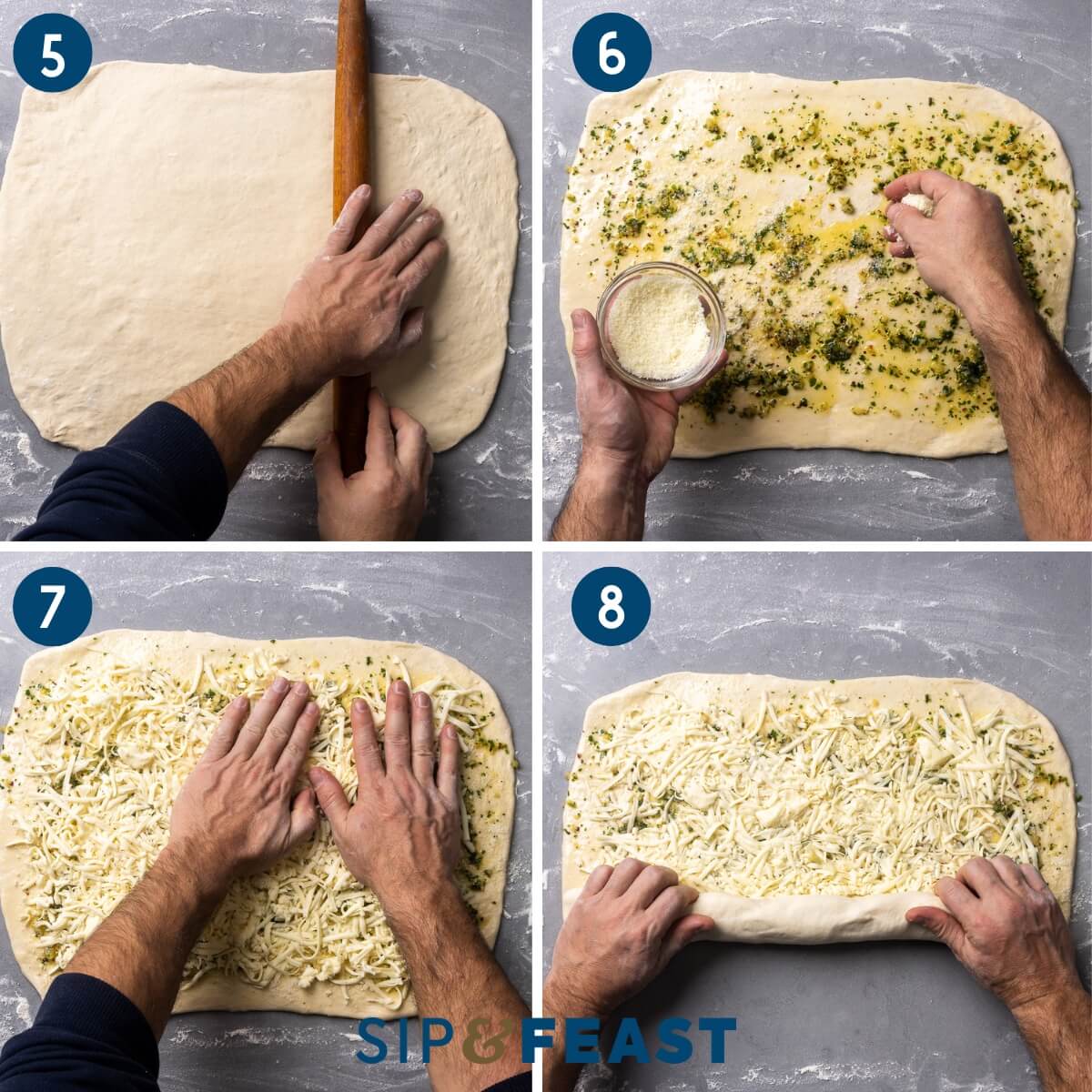 Collage two showing rolling out the dough, spreading the garlic butter and pecorino onto the dough, pressing shredded mozzarella dough onto the dough, and rolling the dough.